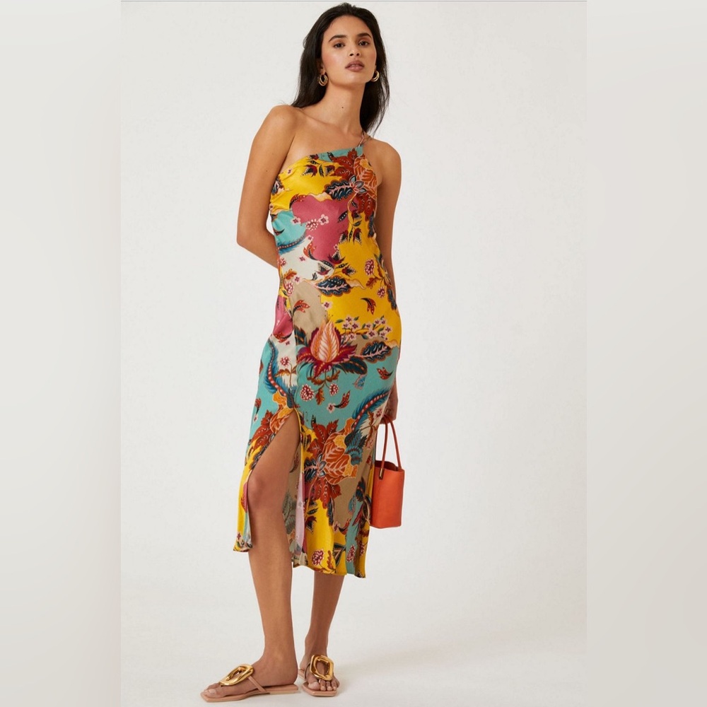 One-Shoulder Floral Midi Dress in Yellow & Teal